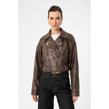 Antioch Kahve Kadın Suni Deri Crop Biker Ceket