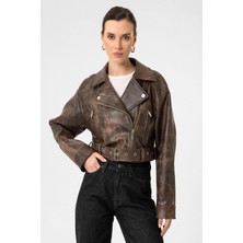 Antioch Kahve Kadın Suni Deri Crop Biker Ceket