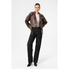 Antioch Kahve Kadın Suni Deri Crop Biker Ceket