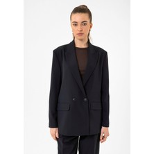 Antioch Lacivert Kadın Kruvaze Kapama Oversize Blazer Ceket