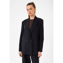 Antioch Lacivert Kadın Kruvaze Kapama Oversize Blazer Ceket