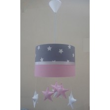 Gri Yıldızlı Pembe 6 Sarkıtlı 2.li Set Kumaş Kaplama Genç ve Çocuk Odası Avize ve Abajur Takımı
