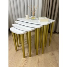 Home Başaran Mobilya Üst Kalite  Mdf Boyalı 4'lü Beyaz Gold Zigon Sehpa Beyaz Gold Sehpa