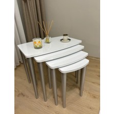 Home Başaran Mobilya Üst Kalite  Mdf Boyalı 4'lü Beyaz Gümüş Zigon Sehpa Beyaz Gümüş Sehpa