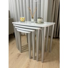 Home Başaran Mobilya Üst Kalite  Mdf Boyalı 4'lü Beyaz Gümüş Zigon Sehpa Beyaz Gümüş Sehpa