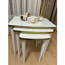 Home Başaran Mobilya Üst Kalite  Mdf Lam Kenarları Boyalı 3'lü Beyaz Gold Zigon Sehpa Beyaz Gold Sehpa