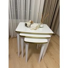 Home Başaran Mobilya Üst Kalite  Mdf Lam Kenarları Boyalı 3'lü Beyaz Gold Zigon Sehpa Beyaz Gold Sehpa