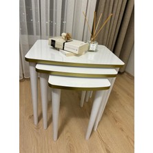 Home Başaran Mobilya Üst Kalite  Mdf Lam Kenarları Boyalı 3'lü Beyaz Gold Zigon Sehpa Beyaz Gold Sehpa
