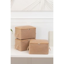 Teknotrust 3'lü Balıksırtı Desenli Bej Küçük Boy Baza Altı, Valiz Düzenleyici Hurç / 30 x 22 x 18