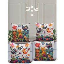 4 Lü Çift Taraflı Dijital Baskı Kırlent Kılıfı Kedi Desenli