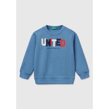 United Colors Of Benetton Erkek Çocuk Havacı Mavi Benetton Logo Baskılı Bisiklet Yaka Sweatshirt