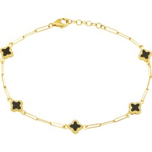 Siyah Yoncalı 14 Ayar Altın Ataç Zincirli Bileklik
