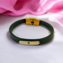 Archin Kadınlara Dikdörtgen Figürlü 14 Ayar Altın Plakalı ve Özgün Derili Sembol Bilekliği-367SEMBOL-YEŞIL