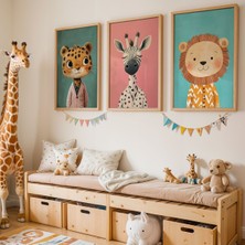 Artiera 3'lü Leopar Zebra ve Aslan Modern Ahşap Çerçeveli Çocuk Odası Tablosu 40 x 60