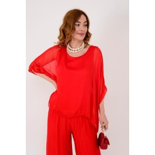 İtalyan Astarlı Yarasa Kol İpek Bluz & Pantolon Takım