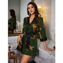 my cherie Leopar Baskılı Yumuşak Saten Haki Sabahlık Kimono