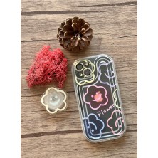 iPhone 14 Çiçek Desenli Popsoketli Şeffaf Kılıf