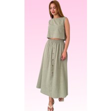 Boombester Kadın Düğmeli %100 Pamuk Flam Uzun Etek - Bohem Etek