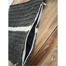 Siyah ve Beyaz Clutch , Portföy, El Yapımı, Astarlı, Tahta Boncuk, Çiçek ve Püskül Aksesuarlı Çanta