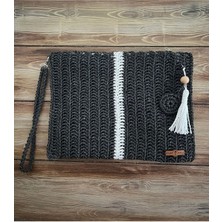 Siyah ve Beyaz Clutch , Portföy, El Yapımı, Astarlı, Tahta Boncuk, Çiçek ve Püskül Aksesuarlı Çanta
