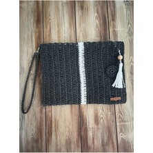 Siyah ve Beyaz Clutch , Portföy, El Yapımı, Astarlı, Tahta Boncuk, Çiçek ve Püskül Aksesuarlı Çanta