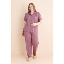 Lila Nocturne Desenli Bambu Önden Düğmeli Kısa Kol Büyük Beden Battal Pijama Takımı