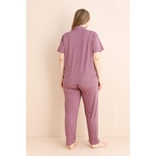 Lila Nocturne Desenli Bambu Önden Düğmeli Kısa Kol Büyük Beden Battal Pijama Takımı