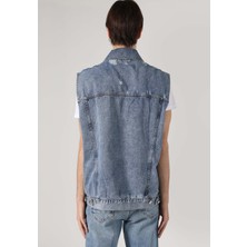 Oversize Fit Klasik Yaka Düğmeli Astarsız  Erkek Mavi Yelek