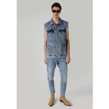 Oversize Fit Klasik Yaka Düğmeli Astarsız  Erkek Mavi Yelek