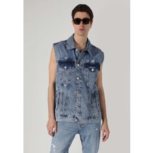 Oversize Fit Klasik Yaka Düğmeli Astarsız  Erkek Mavi Yelek