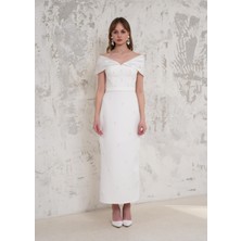 Taş İşlemeli Straplez Beyaz Abiye Elbise