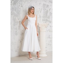 Askılı Beyaz Saten Biye Elbise