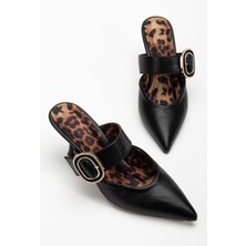 Kadın Topuklu Ayakkabı Siyah Açık Topuk Kalın Taşlı Bantlı