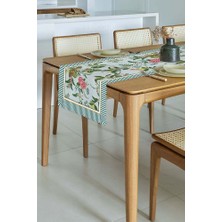 Pastel Mavi Zemin Botanik Çiçekler Tasarımlı Lazer Kesim Runner 48X135CM