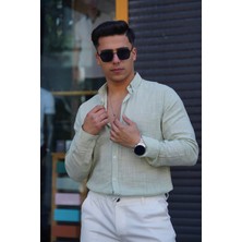 Jack Caprio Erkek Slim Düğmeli %100 Pamuk Yazlık Flamalı Keten Gömlek Yüksek