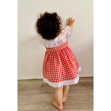 Mini Kiti Kız Çocuk Kırmızı Beyaz Pötikareli Yakası Kiraz Nakışlı Eteği Fistolu Fırfırlı Elbise