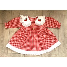 Mini Kiti Kız Çocuk Kırmızı Beyaz Pötikareli Yakası Kiraz Nakışlı Eteği Fistolu Fırfırlı Elbise