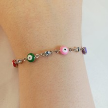 Crystal Atelier Renkli Nazar Boncuklu Gümüş Kaplama Sıralı Bileklik