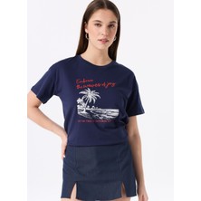 Fabrika Bisiklet Yaka Baskılı Lacivert Kadın T-Shirt F5SL-TST0465