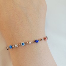 Crystal Atelier Gümüş Kaplama Renkli Nazar Boncuğu İşlemeli Bileklik, İnci Boncuk Cam Göz Nazar Boncuğu Xuping Bileklik  