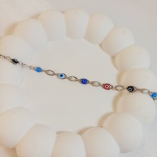 Crystal Atelier Gümüş Kaplama Renkli Nazar Boncuğu İşlemeli Bileklik, İnci Boncuk Cam Göz Nazar Boncuğu Xuping Bileklik  