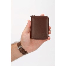 Newish Polo Hakiki Deri Dikey Akordiyon Fermuarlı Kartlık