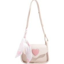 Kore Tarzı Fularlı Çanta, Pembe Kalpli Çanta, Lolita Krem Çanta, Kadın Çanta