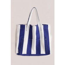 By Nevser Kadın Kanvas 2 Cepli Günlük Renkli Plaj Omuz Çantası Mavi