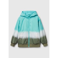 United Colors Of Benetton Erkek Çocuk Turkuaz Kolu Logo Işlemeli Fermuarlı Kapüşonlu Yağmurluk