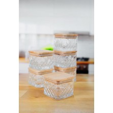 6'lı Kare Ahşap Vakumlu Kapaklı Cam Kahvaltılık - Saklama Kabı & Çerezlik - 225 ml
