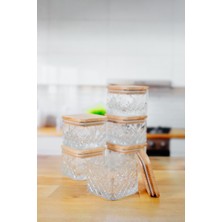 6'lı Kare Ahşap Vakumlu Kapaklı Cam Kahvaltılık - Saklama Kabı & Çerezlik - 225 ml