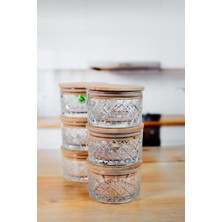 6'lı Kare Ahşap Vakumlu Kapaklı Cam Kahvaltılık - Saklama Kabı & Çerezlik - 225 ml