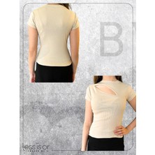 lessisor.co Pencereli Kısa Kollu Bej Renk Slim Tshirt