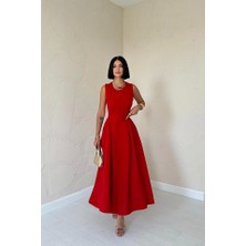 Fevien Kırmızı Halter Yaka Kloş Elbise